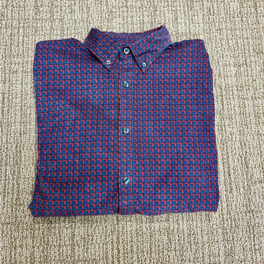 Express Men's Textured Red and Blue Geometric Shirt
